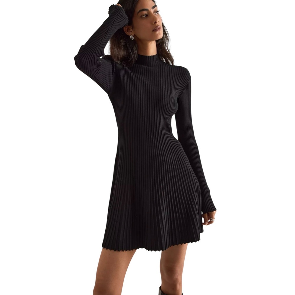 Anthropologie Black Ribbed Knit Mock Neck Bell Sleeve Mini Dress XS